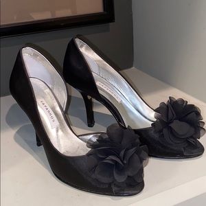 Caparros black satin peekaboo toe dress shoes